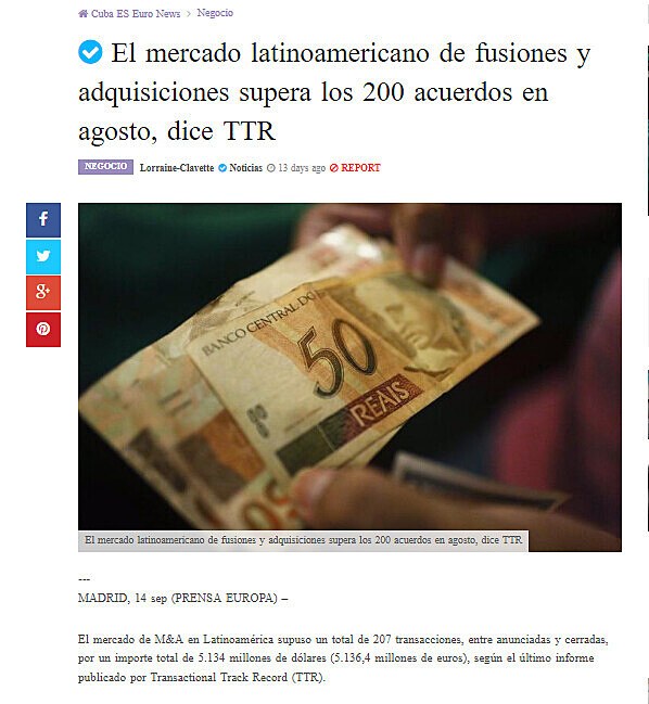 El mercado latinoamericano de fusiones y adquisiciones supera los 200 acuerdos en agosto, dice TTR